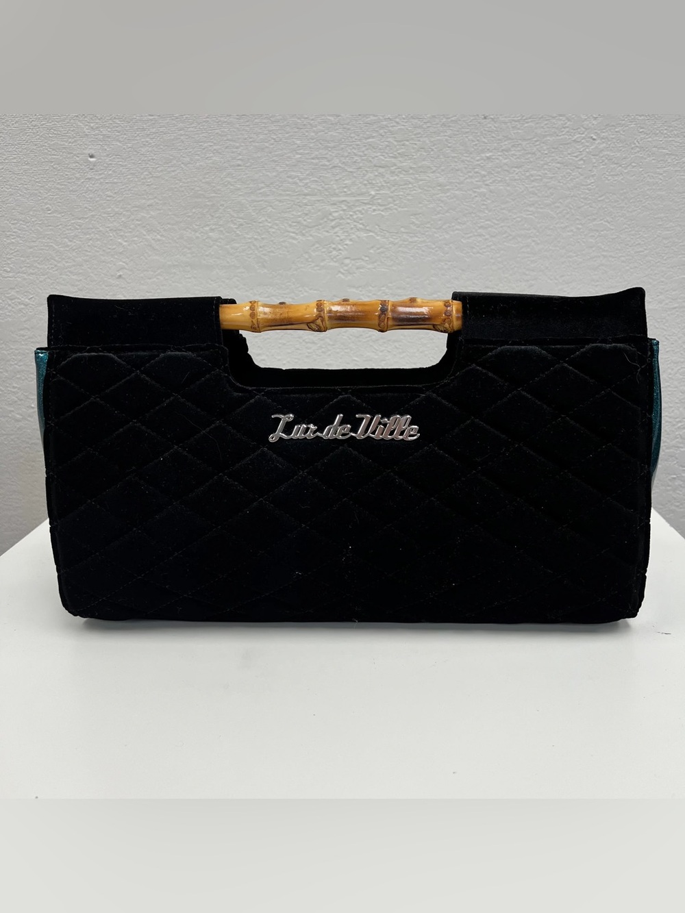 Lux de Ville Black & Teal Quilted Velvet Clutch - NWOT